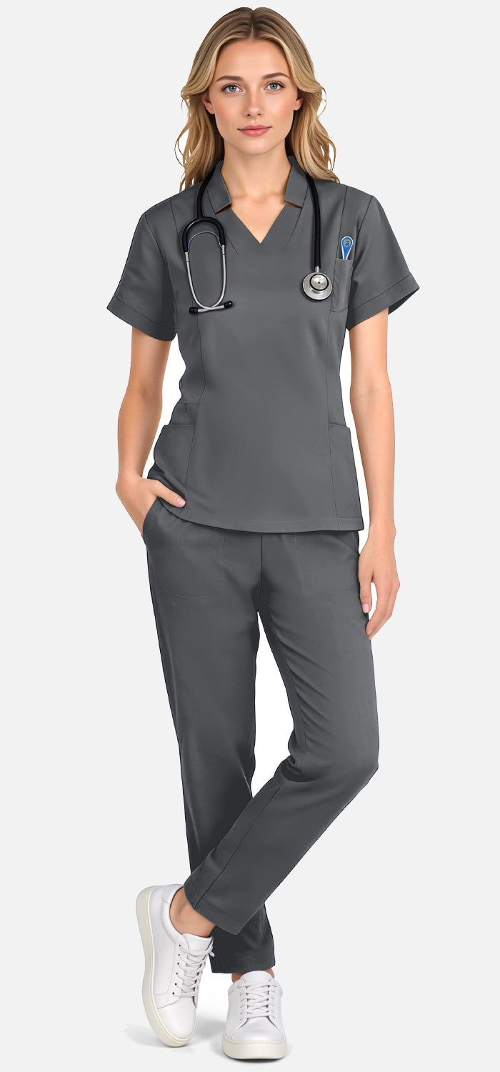 Heather Grey – Eadflie Women's Split V-Neck Uniform Set – Tapered-Leg 9-Pocket Slim Fit – product image 58