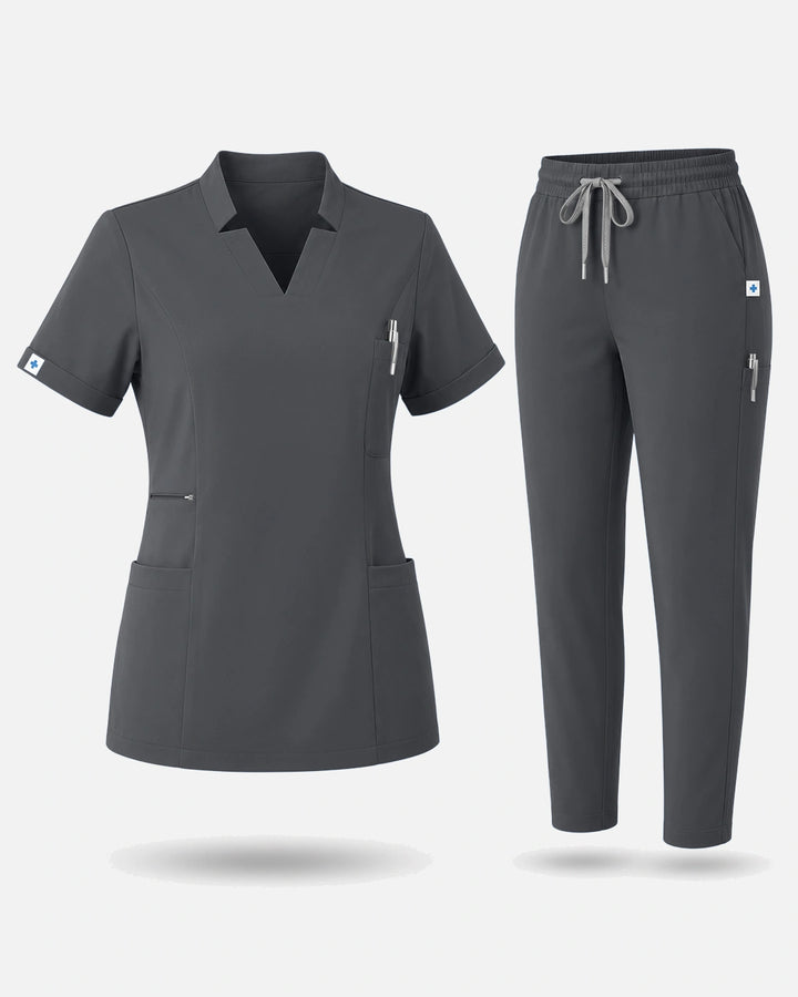 Eadflie Women's Split V-Neck Uniform Set – Tapered-Leg 9-Pocket Slim Fit - Heather Grey