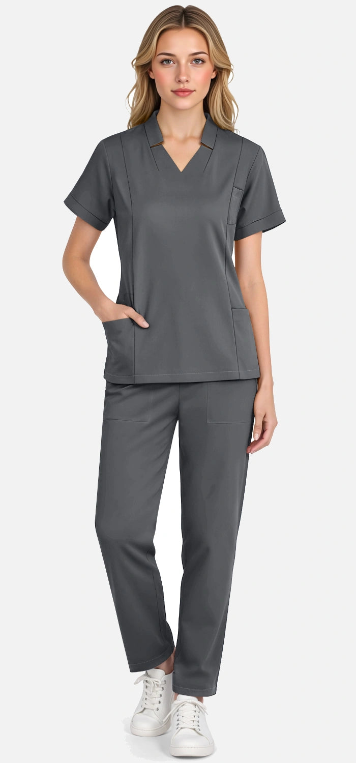 Heather Grey – Eadflie Women's Split V-Neck Uniform Set – Tapered-Leg 9-Pocket Slim Fit – product image 59