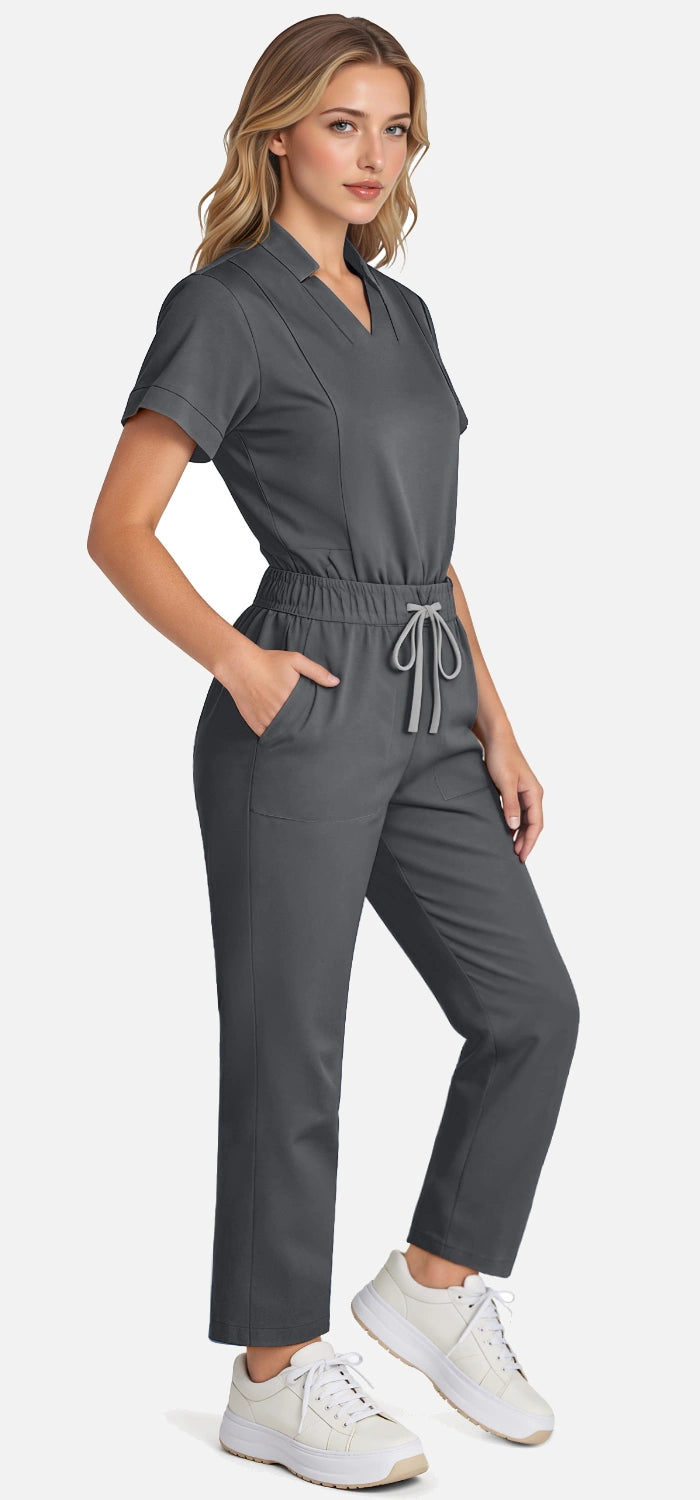 Heather Grey – Eadflie Women's Split V-Neck Uniform Set – Tapered-Leg 9-Pocket Slim Fit – product image 60