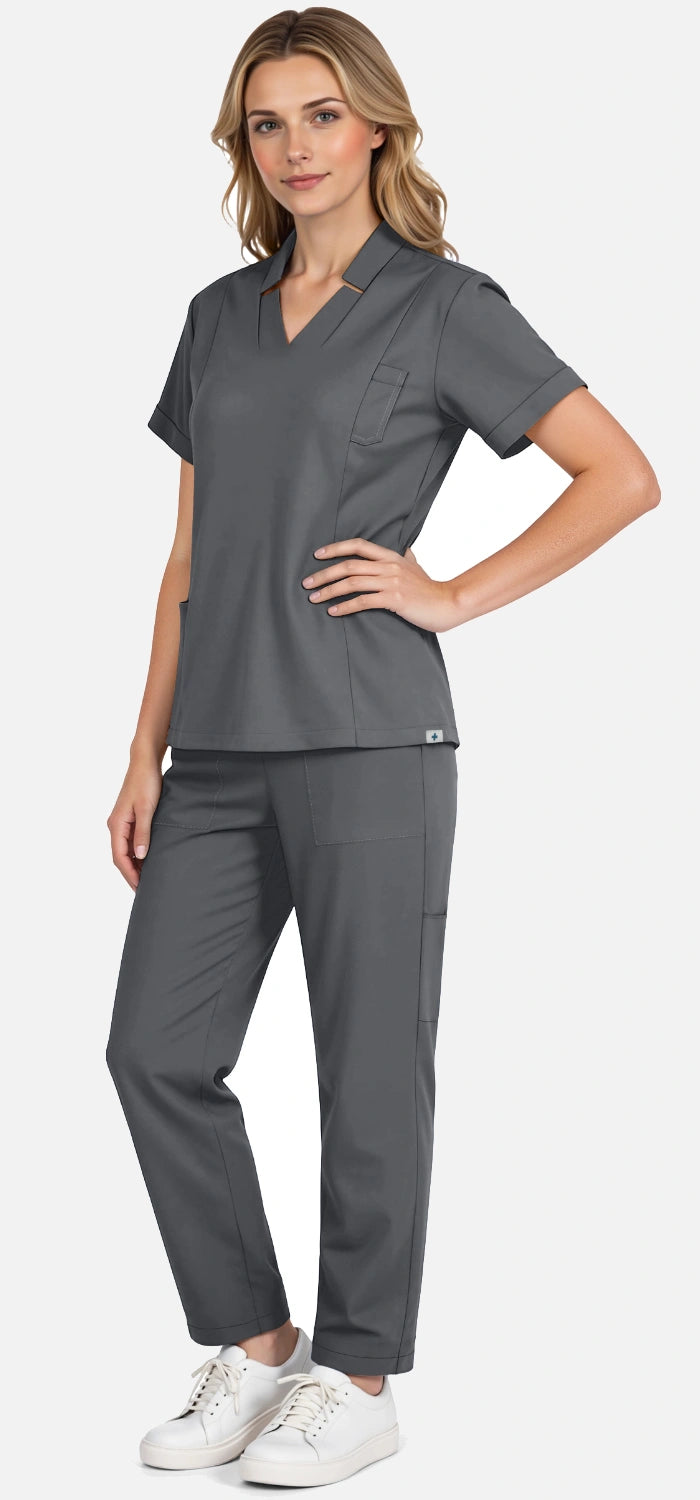 Heather Grey – Eadflie Women's Split V-Neck Uniform Set – Tapered-Leg 9-Pocket Slim Fit – product image 61