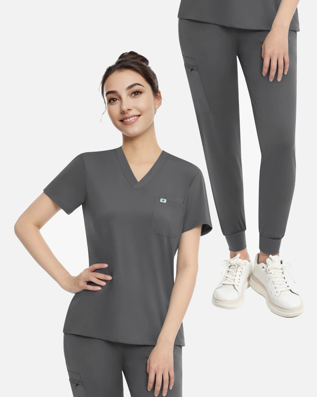 Heather Grey – Eadflie Women's Knit V-Neck Jogger Uniform Set – product image 86
