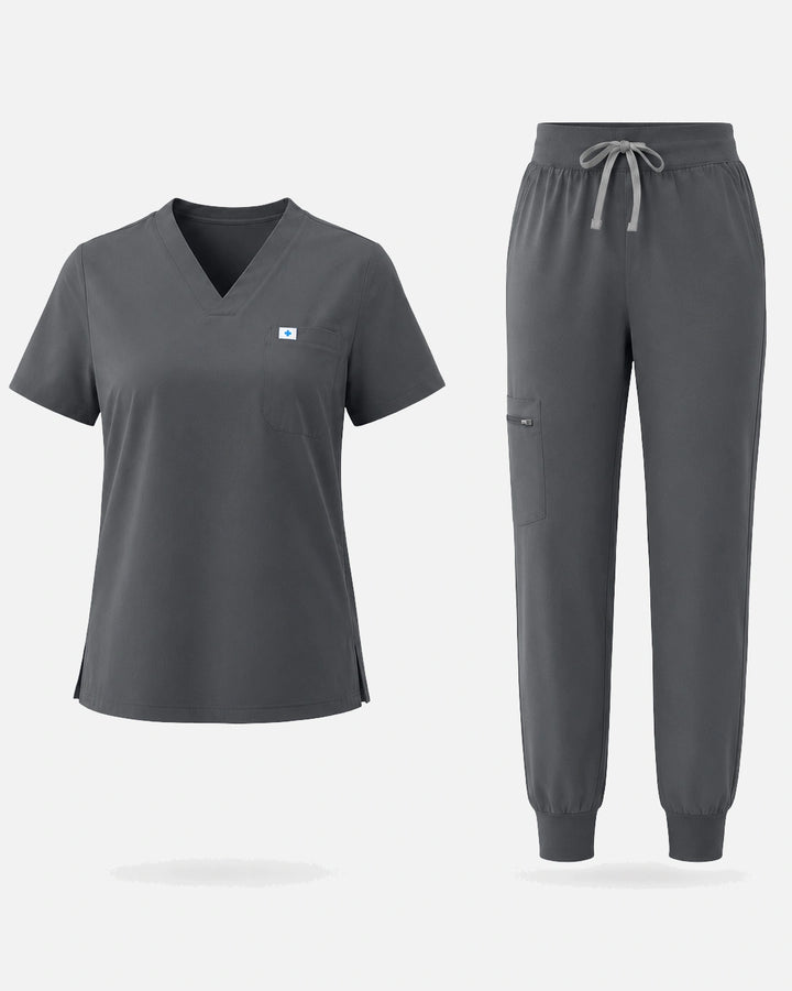 Eadflie Women's Classic V-Neck Jogger Uniform Set - Heather Grey