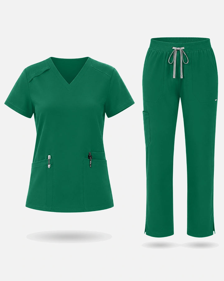 Eadflie Women's Woven V-Neck Uniform Set – Straight-Leg Structured - Hunter Green