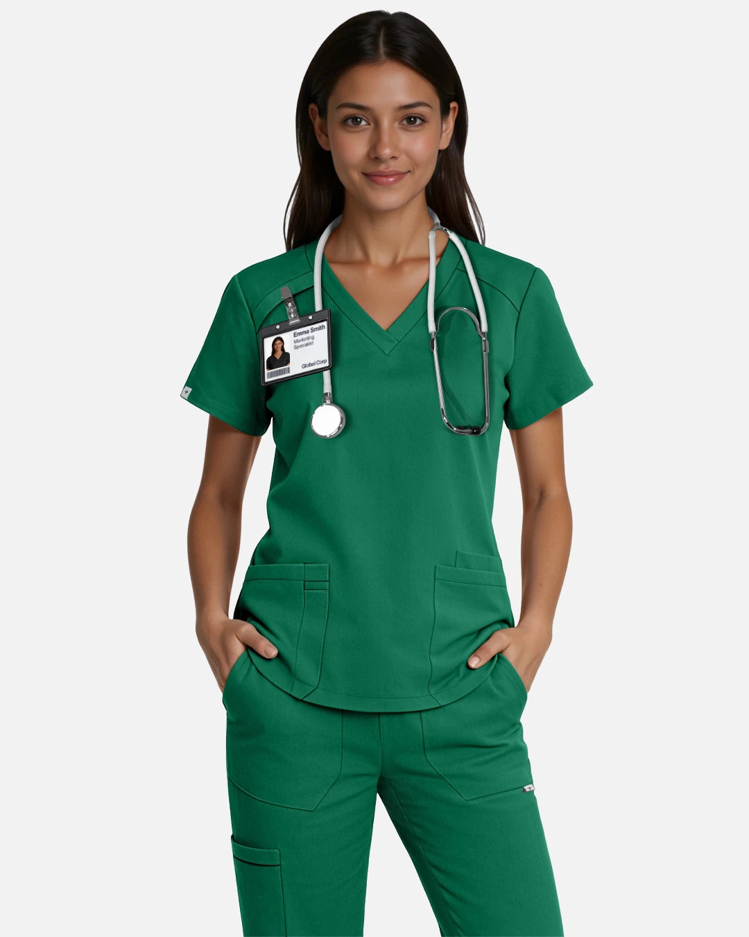 Hunter Green – Eadflie Women's Woven V-Neck Uniform Top – Structured with Shoulder Piping – product image 34