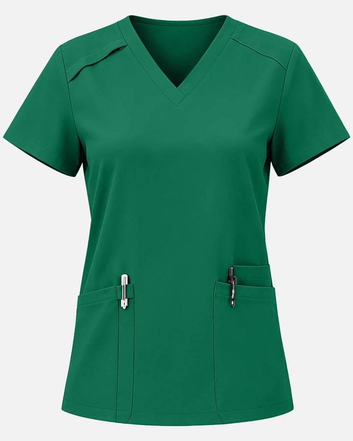 Eadflie Women's Woven V-Neck Uniform Top – Structured with Shoulder Piping - Hunter Green