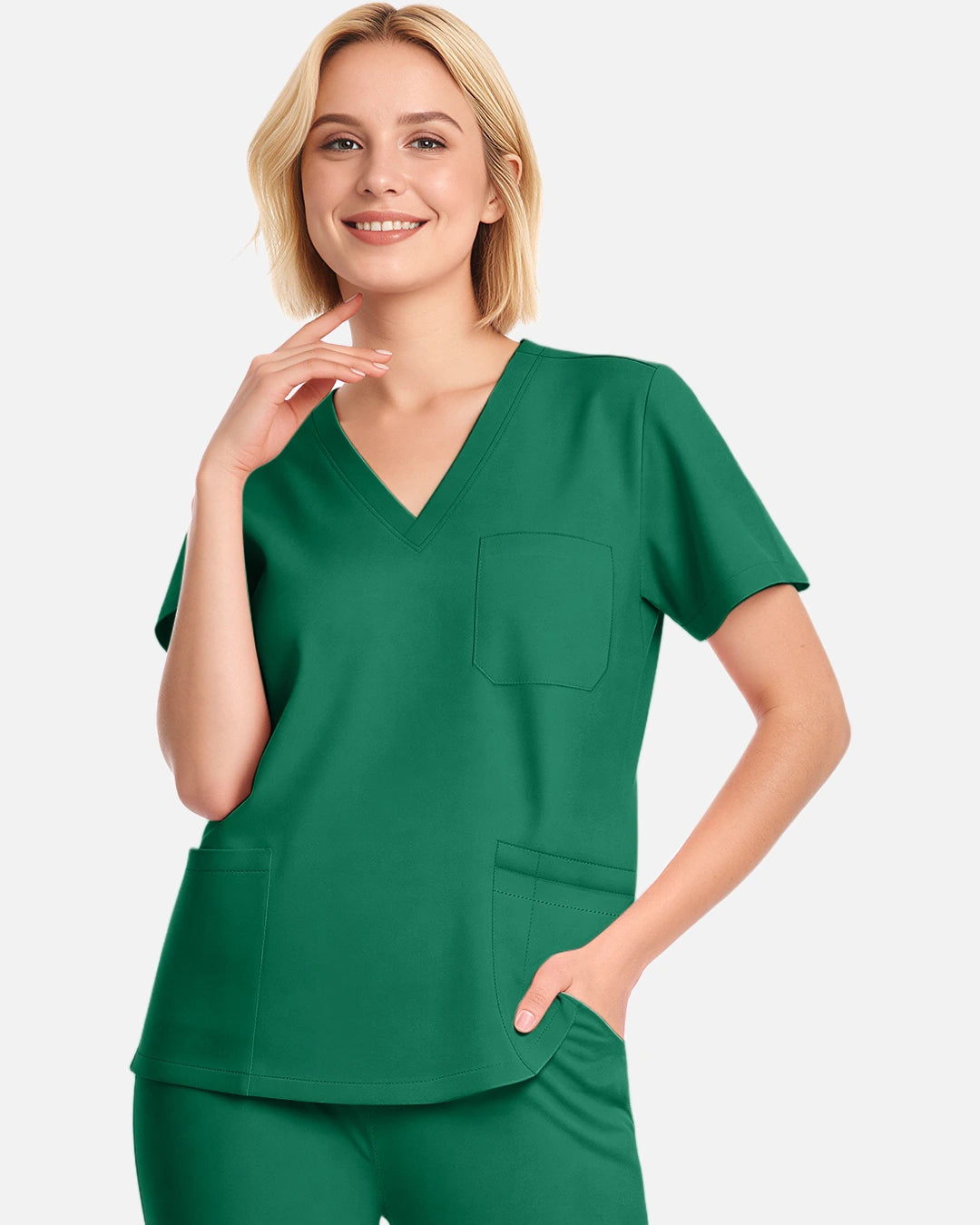 Hunter Green – Eadflie Women's V-Neck Uniform Top – Short Sleeve 3-Pocket Soft Stretch – product image 02