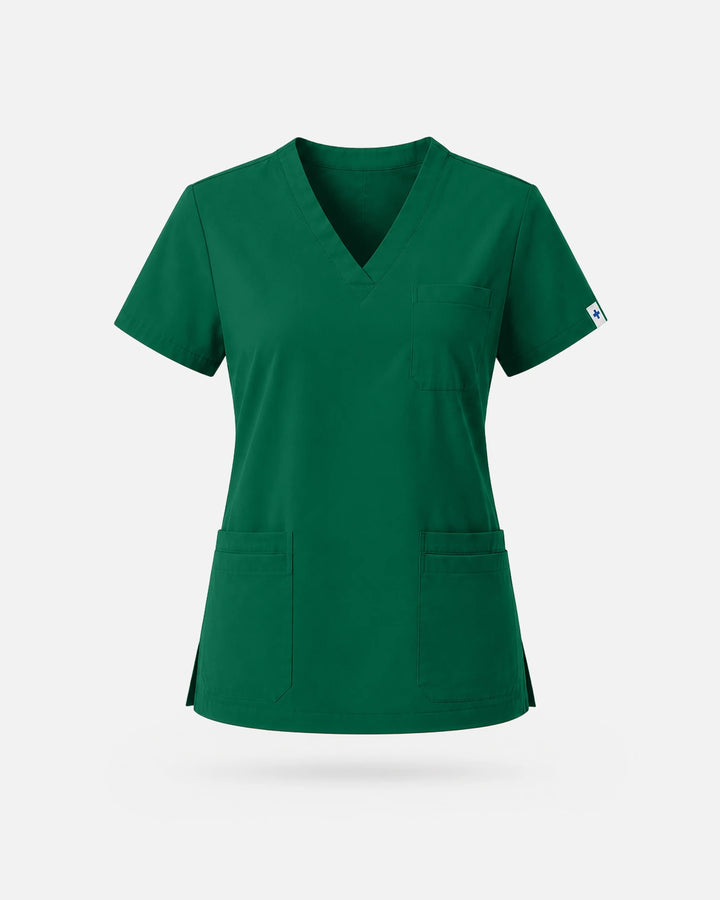 Eadflie Women's V-Neck Uniform Top – Short Sleeve 3-Pocket Soft Stretch - Hunter Green