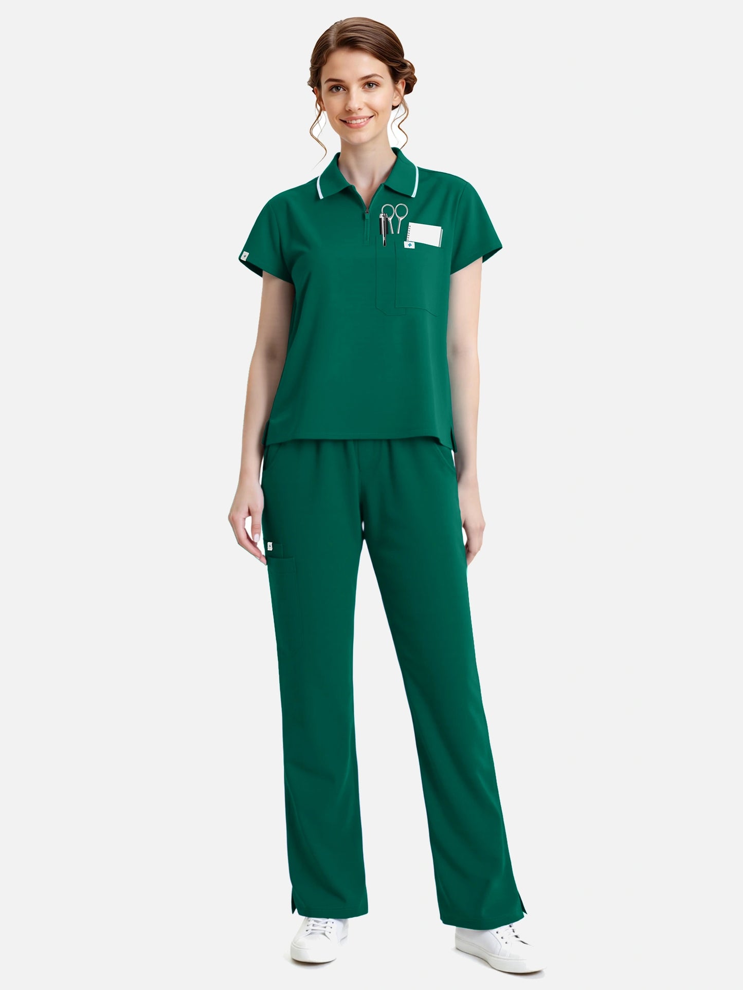 Hunter Green – Eadflie Women's Zip Polo Straight-Leg Uniform Set – product image 56
