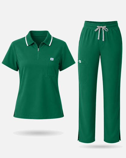 Hunter Green – Eadflie Women's Zip Polo Straight-Leg Uniform Set – product image 55
