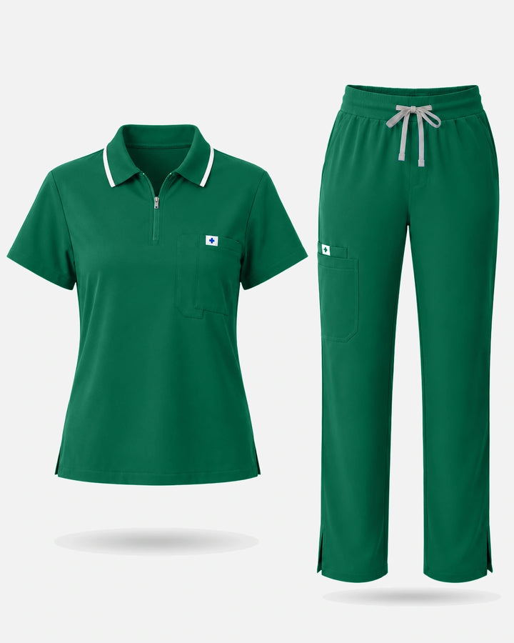Eadflie Women's Zip Polo Straight-Leg Uniform Set - Hunter Green