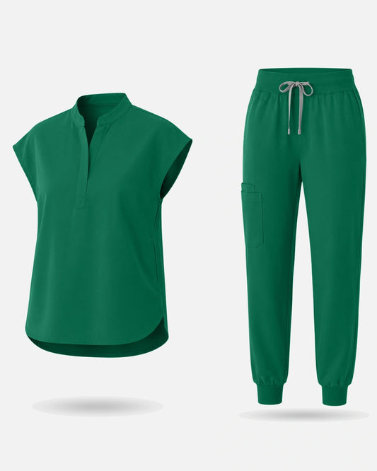 Hunter Green – Eadflie Women's Sleeveless Mandarin Collar Jogger Uniform Set – product image 49