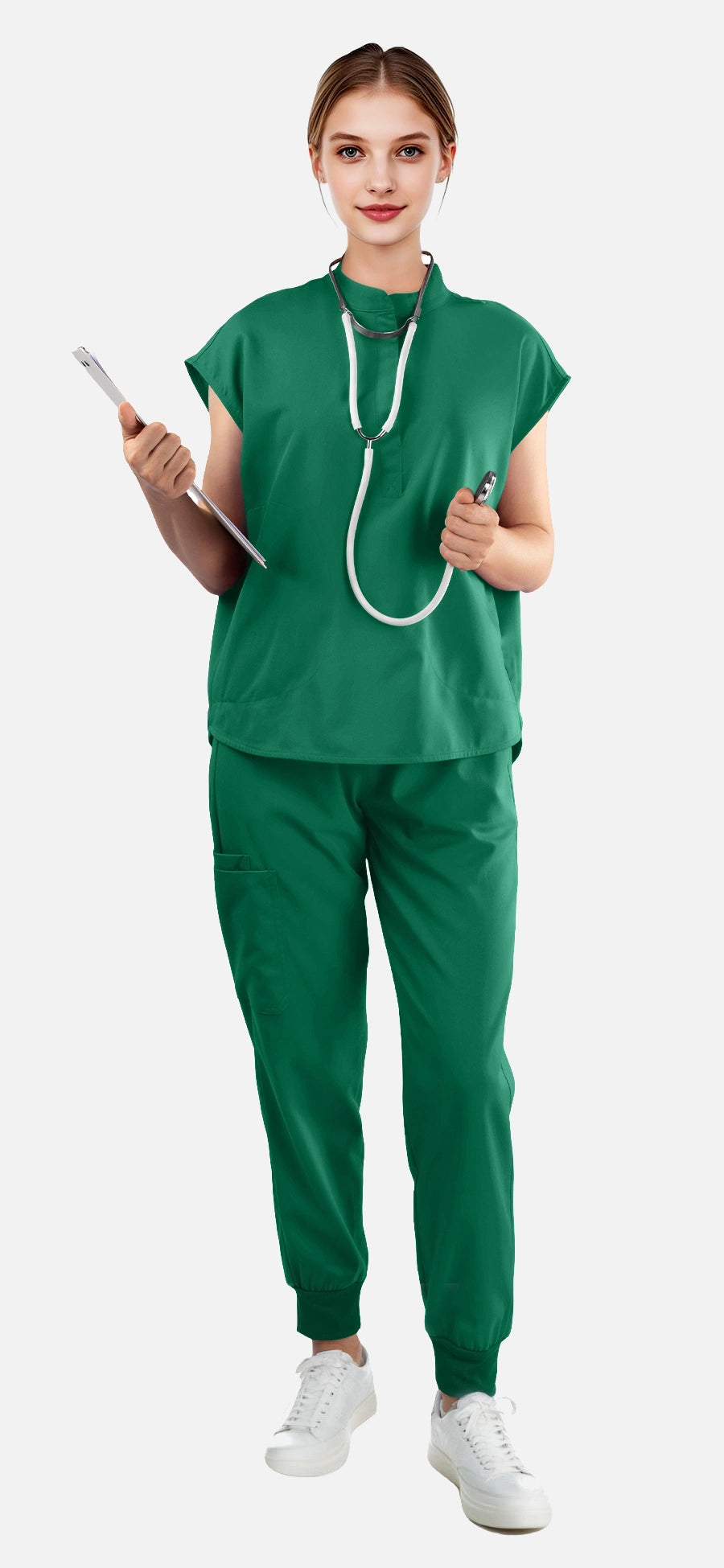 Hunter Green – Eadflie Women's Sleeveless Mandarin Collar Jogger Uniform Set – product image 52