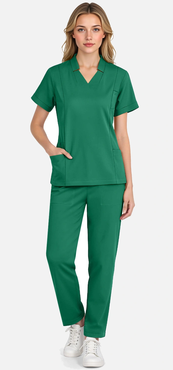 Hunter Green – Eadflie Women's Split V-Neck Uniform Set – Tapered-Leg 9-Pocket Slim Fit – product image 52
