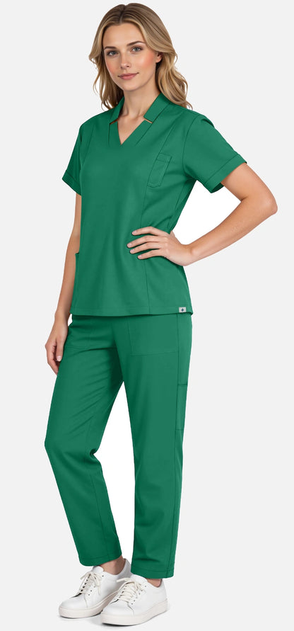 Hunter Green – Eadflie Women's Split V-Neck Uniform Set – Tapered-Leg 9-Pocket Slim Fit – product image 54