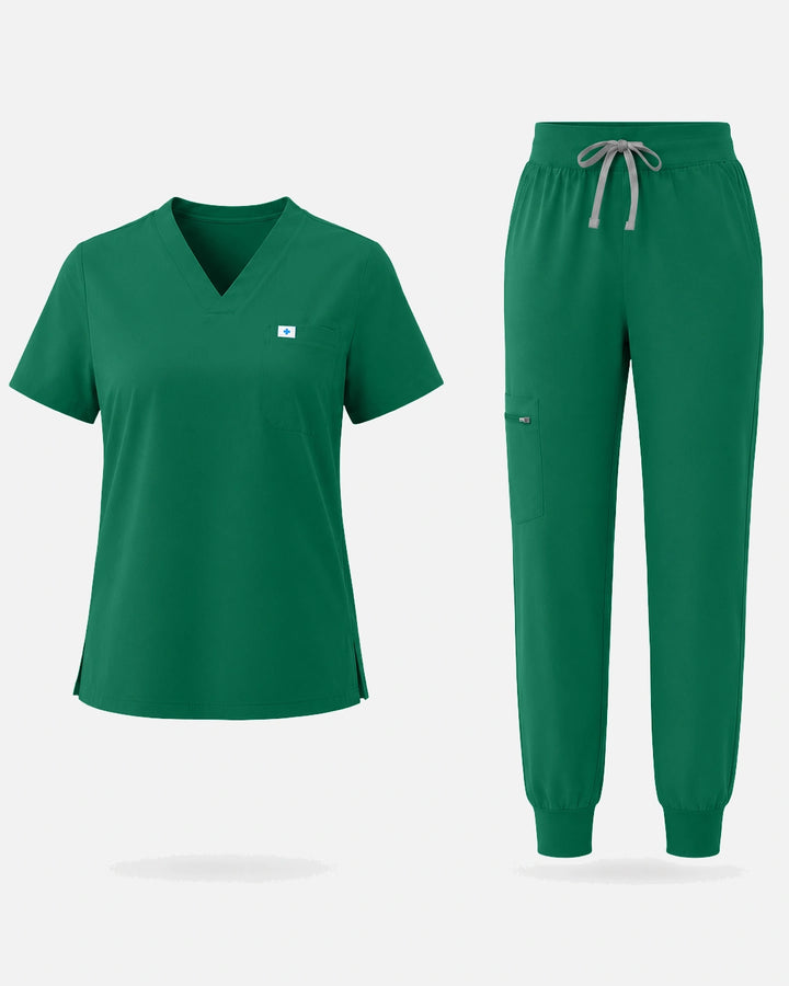 Eadflie Women's Classic V-Neck Jogger Uniform Set - Hunter Green