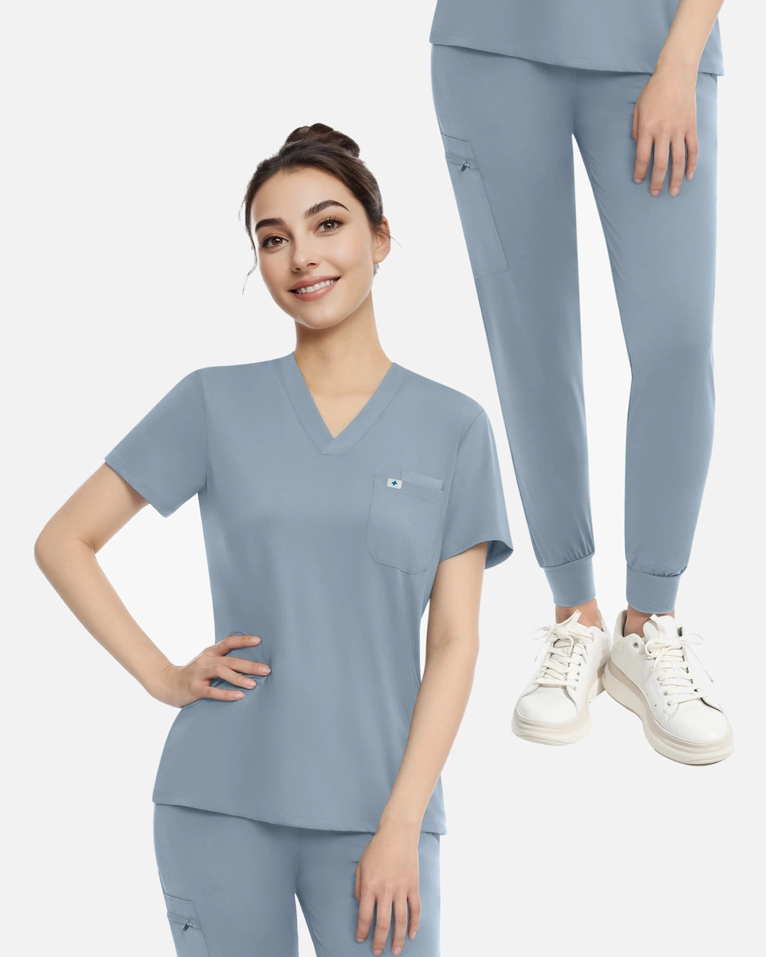 Light Blue – Eadflie Women's Knit V-Neck Jogger Uniform Set – product image 50
