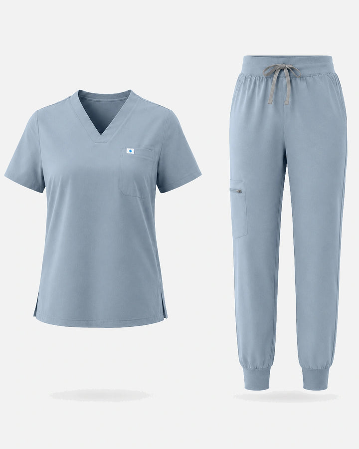 Eadflie Women's Classic V-Neck Jogger Uniform Set - Light Blue