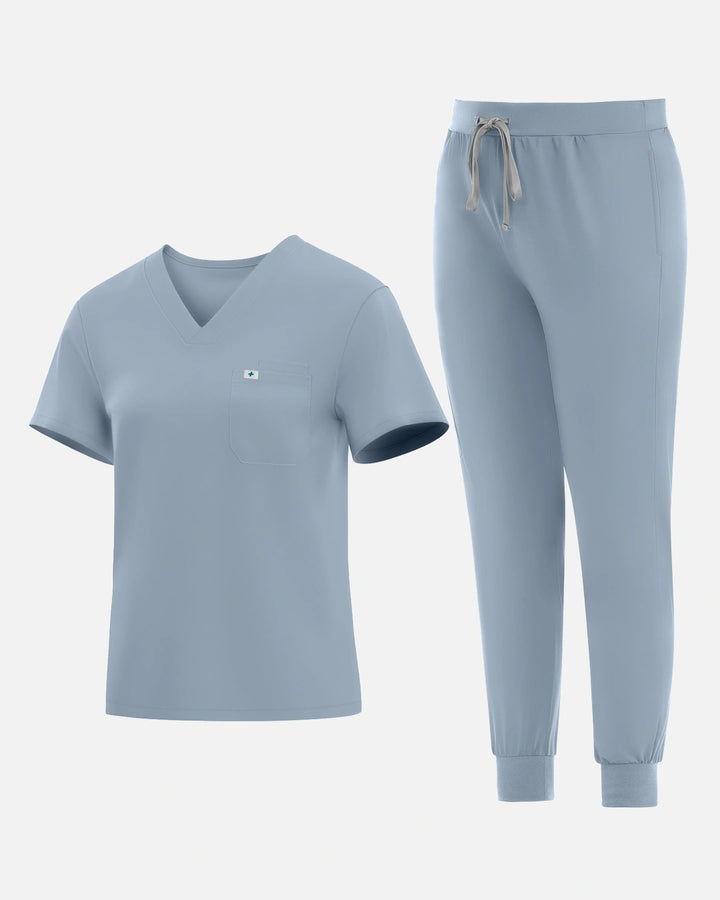 Eadflie Women's Knit V-Neck Jogger Uniform Set - Light Blue