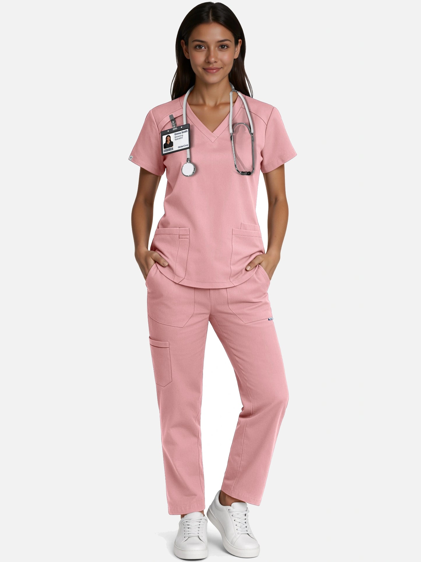 Pink – Eadflie Women's Woven V-Neck Uniform Set – Straight-Leg Structured – product image 82