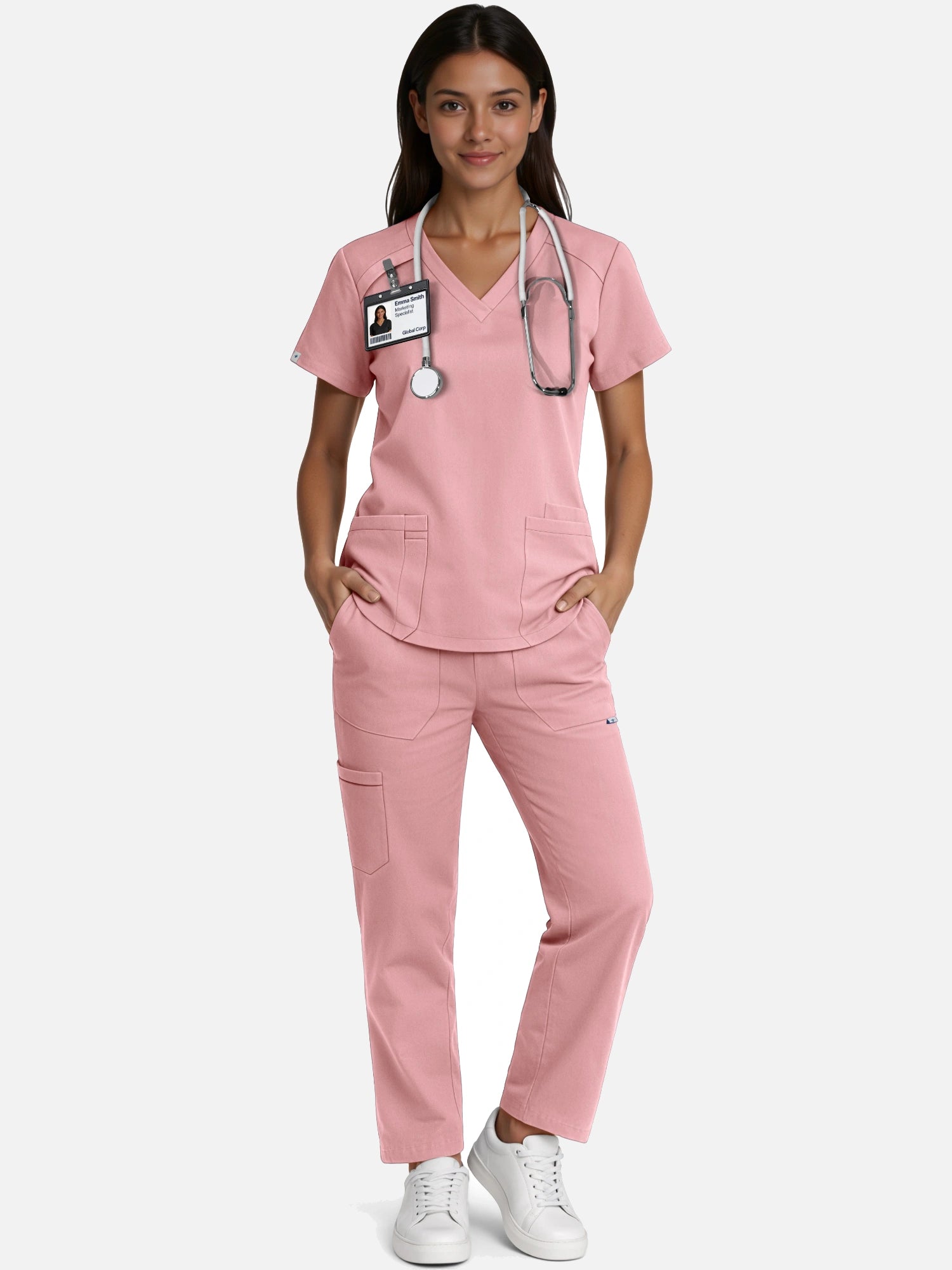 Pink – Eadflie Women's Woven V-Neck Uniform Set – Straight-Leg Structured – product image 82
