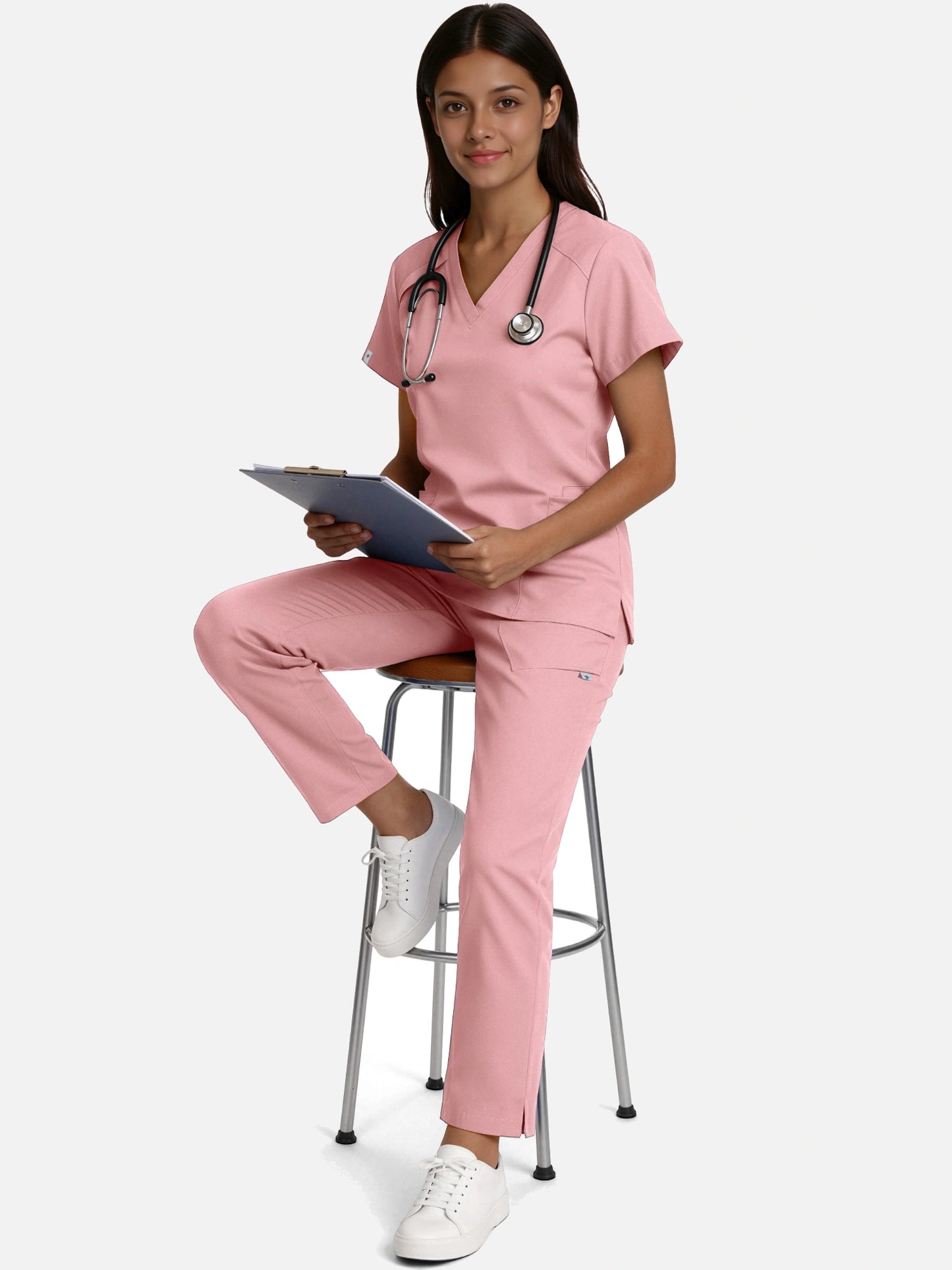 Pink – Eadflie Women's Woven V-Neck Uniform Set – Straight-Leg Structured – product image 90