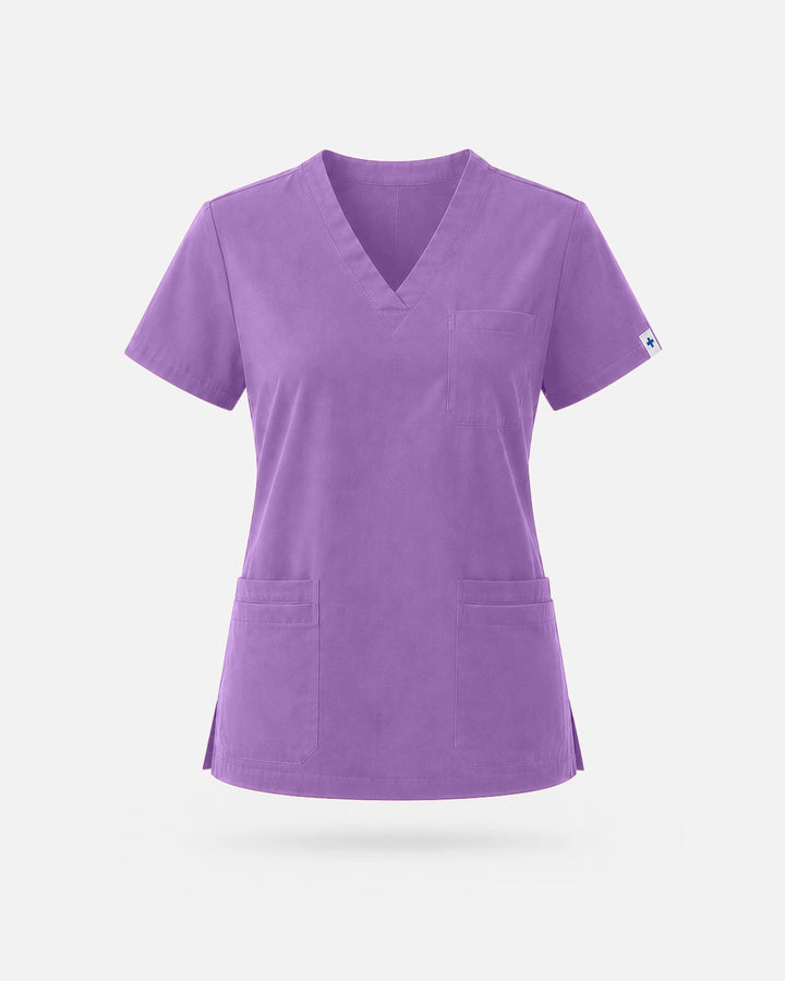 Eadflie Women's V-Neck Uniform Top – Short Sleeve 3-Pocket Soft Stretch - Light Purple