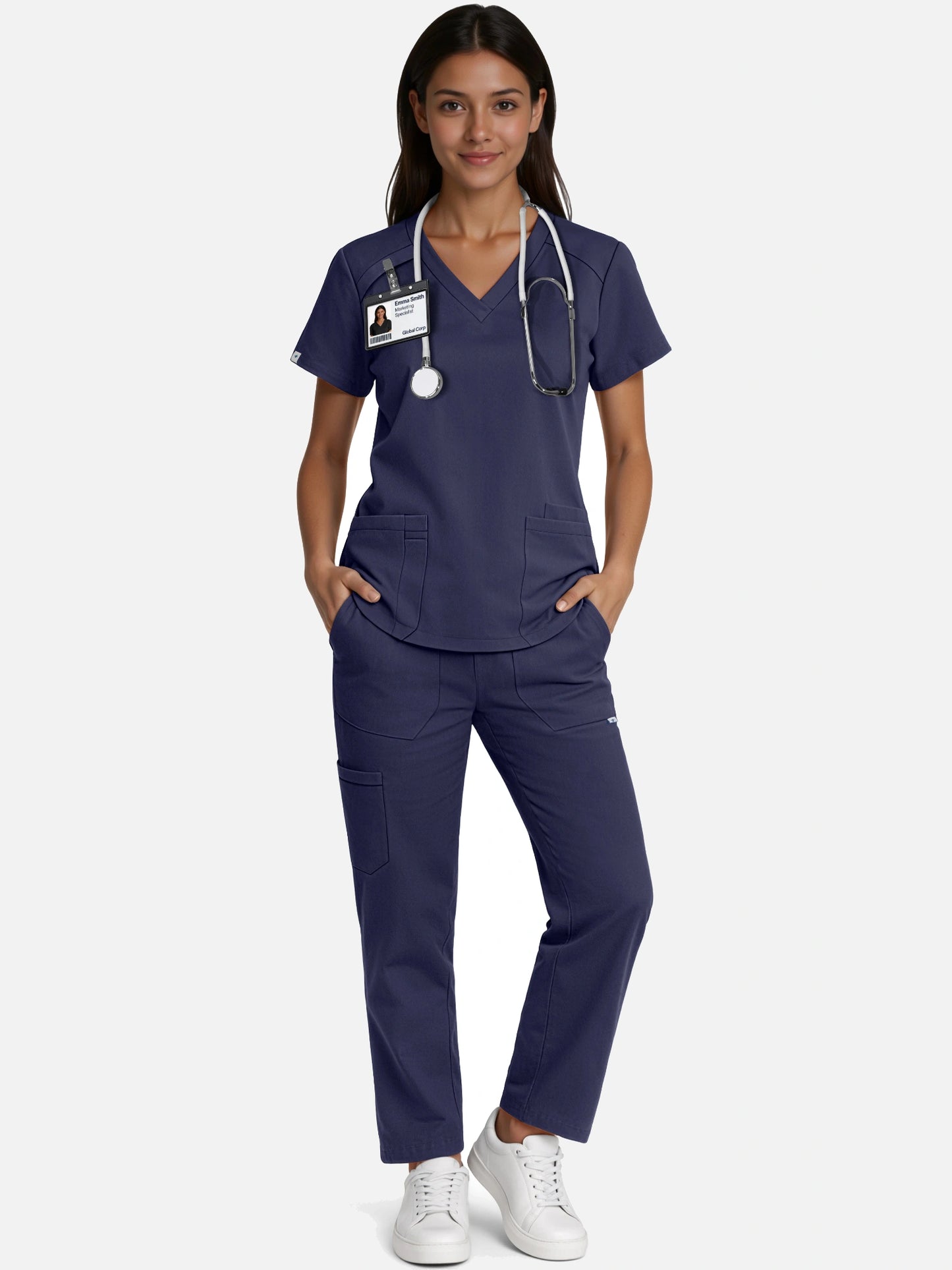 Navy Blue – Eadflie Women's Woven V-Neck Uniform Set – Straight-Leg Structured – product image 01