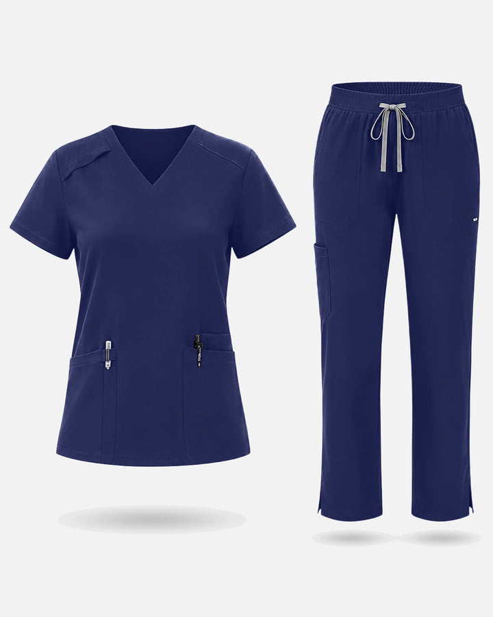 Eadflie Women's Woven V-Neck Uniform Set – Straight-Leg Structured - Navy Blue