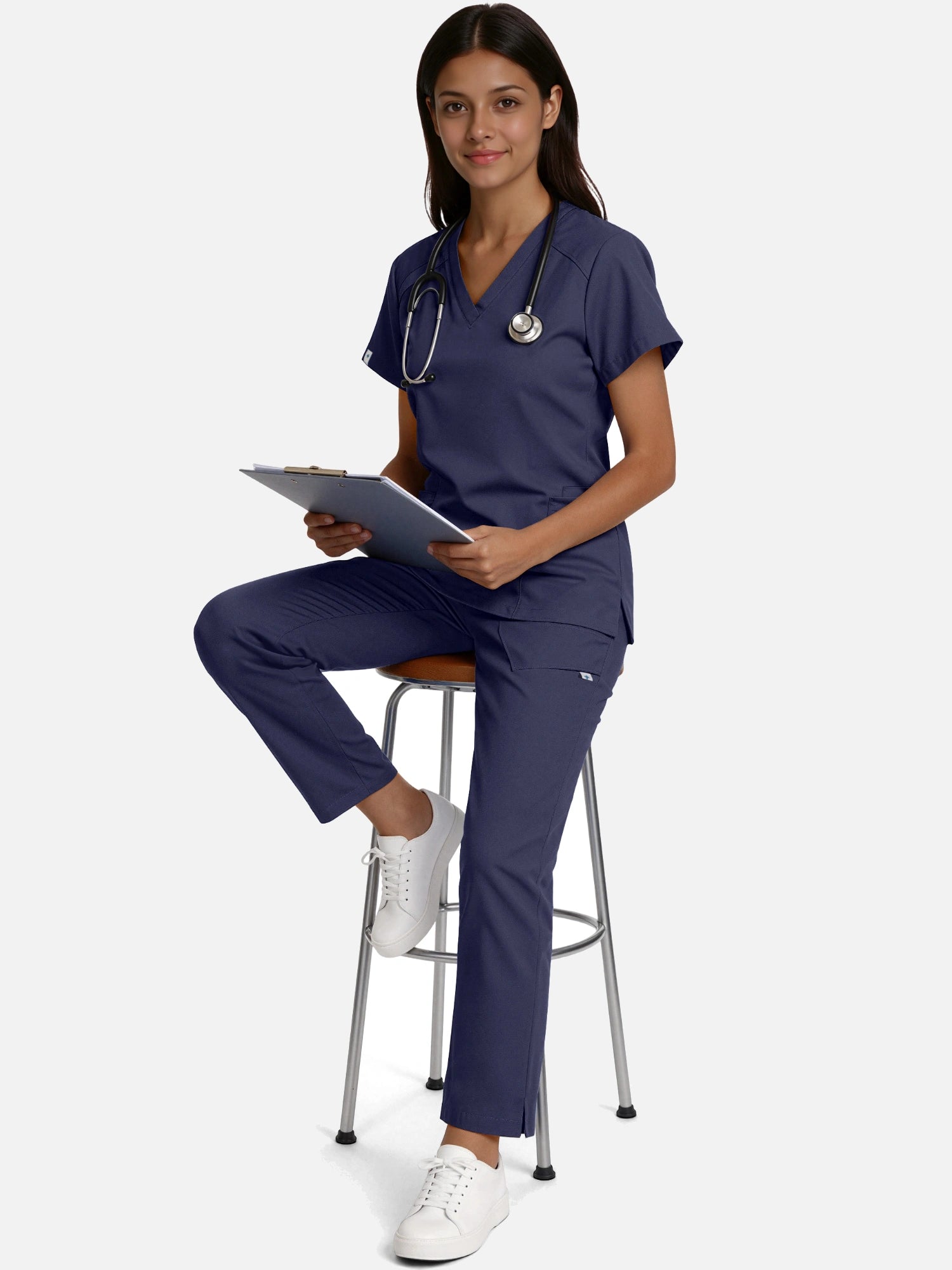Navy Blue – Eadflie Women's Woven V-Neck Uniform Set – Straight-Leg Structured – product image 09