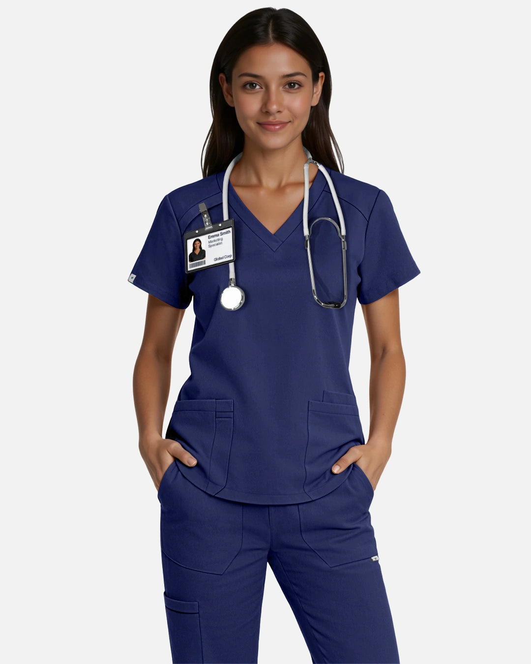 Navy Blue – Eadflie Women's Woven V-Neck Uniform Top – Structured with Shoulder Piping – product image 29