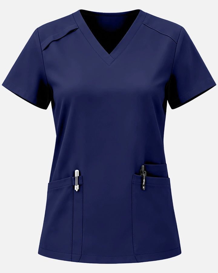 Eadflie Women's Woven V-Neck Uniform Top – Structured with Shoulder Piping - Navy Blue