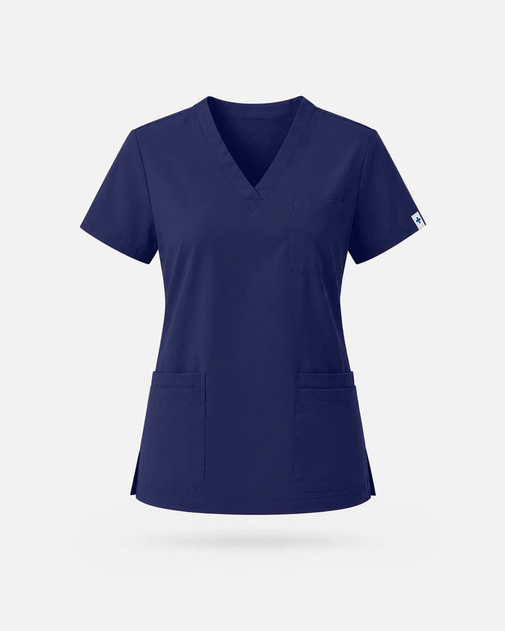 Eadflie Women's V-Neck Uniform Top – Short Sleeve 3-Pocket Soft Stretch - Navy Blue