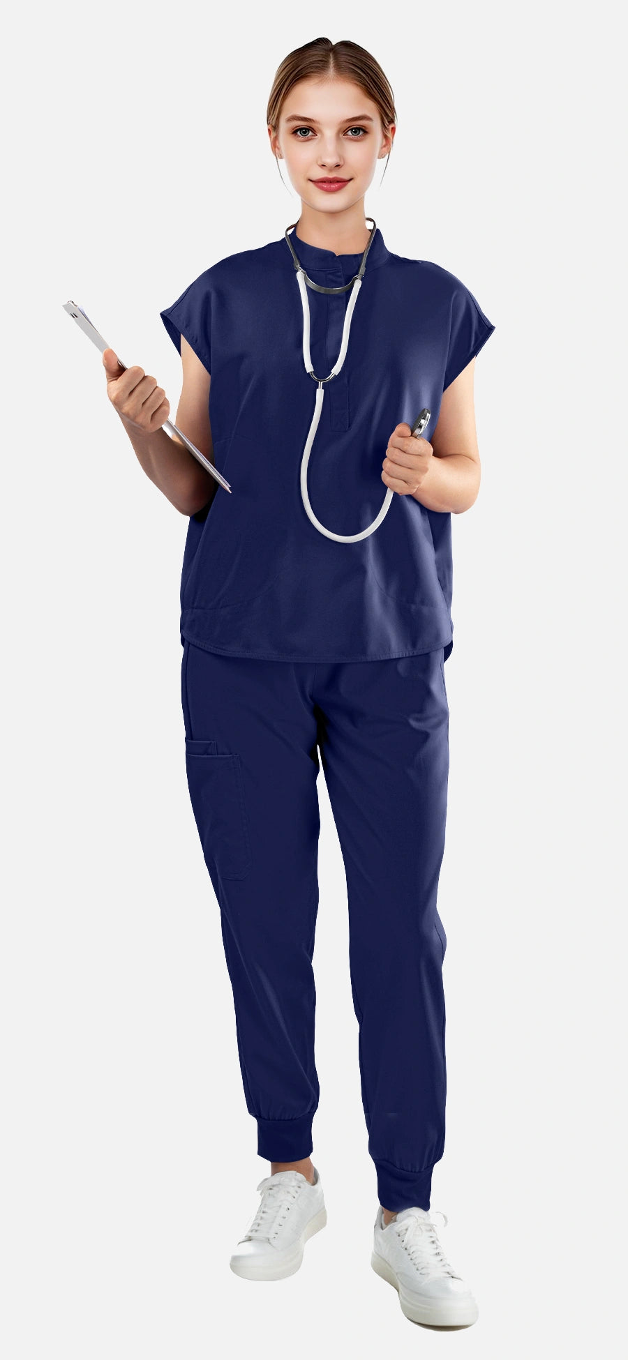 Navy Blue – Eadflie Women's Sleeveless Mandarin Collar Jogger Uniform Set – product image 84