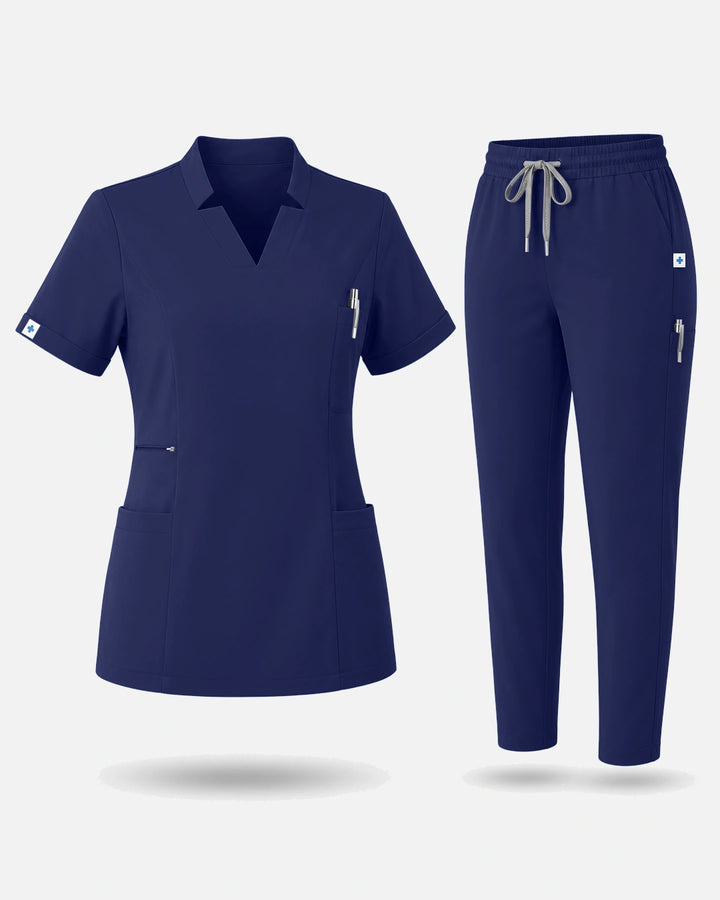 Eadflie Women's Split V-Neck Uniform Set – Tapered-Leg 9-Pocket Slim Fit - Navy Blue