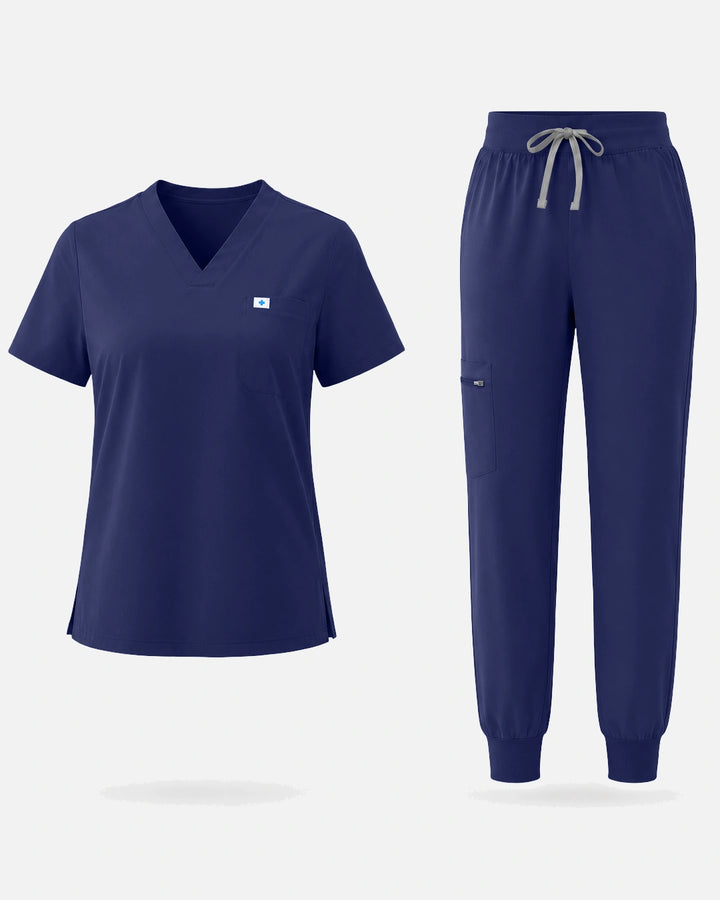 Eadflie Women's Classic V-Neck Jogger Uniform Set - Navy Blue