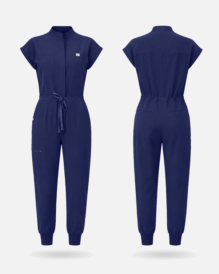 Eadflie Women's Zip-Front Uniform Jumpsuit – Sleeveless Stretch One-Piece - Navy Blue