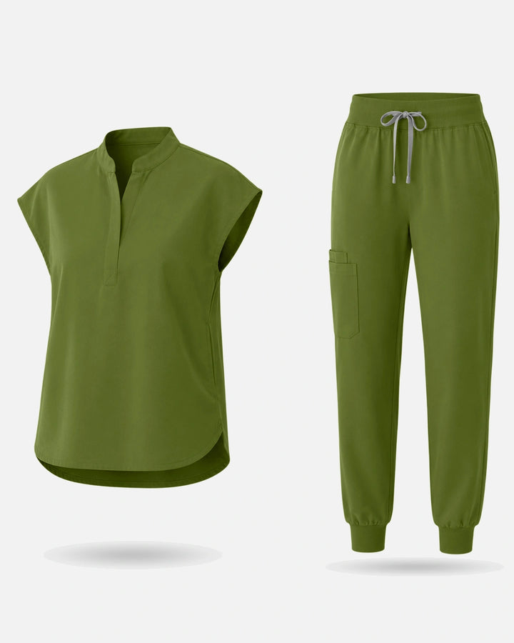Eadflie Women's Sleeveless Mandarin Collar Jogger Uniform Set - Olive Green