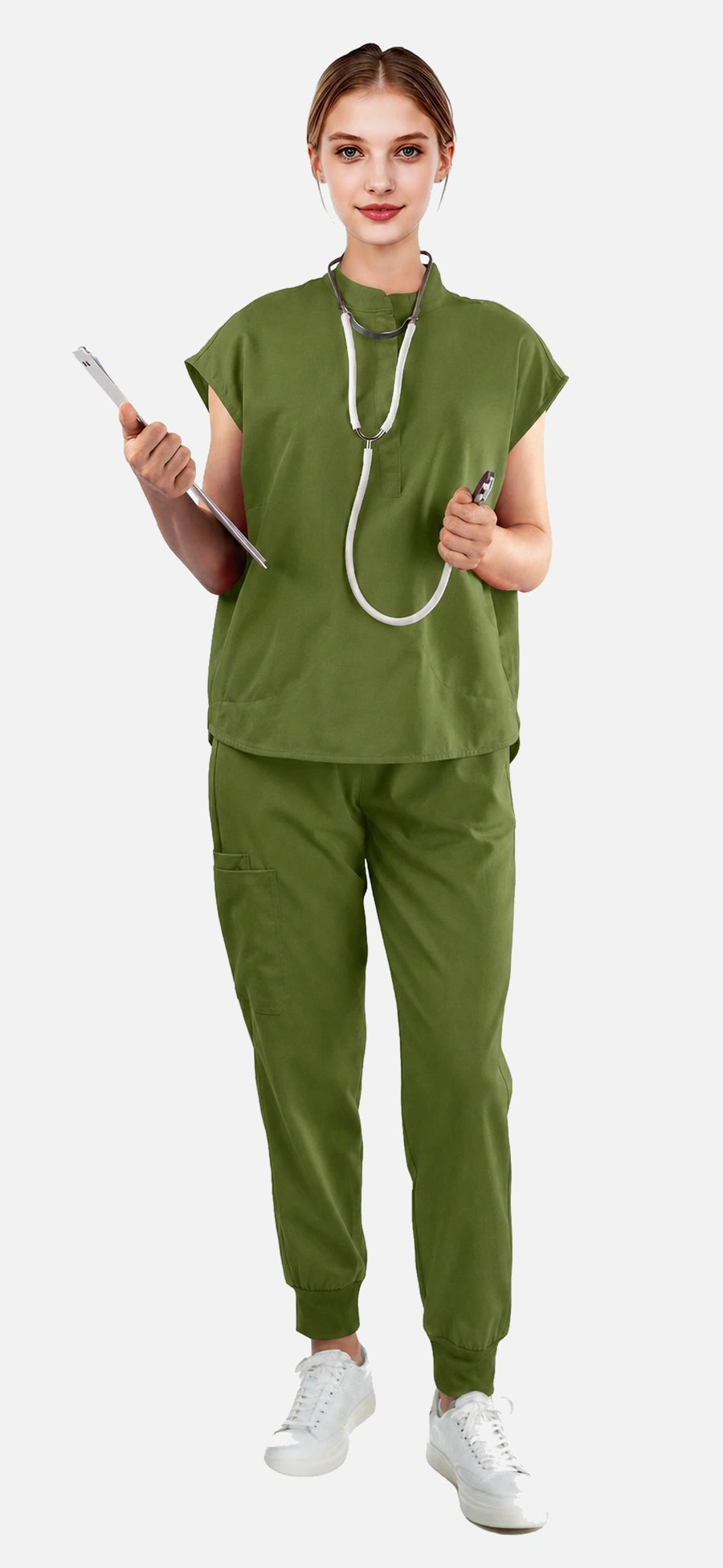 Olive Green – Eadflie Women's Sleeveless Mandarin Collar Jogger Uniform Set – product image 108