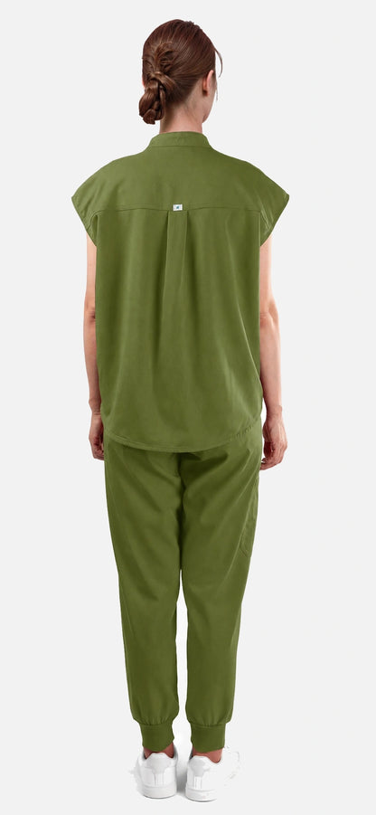 Olive Green – Eadflie Women's Sleeveless Mandarin Collar Jogger Uniform Set – product image 109