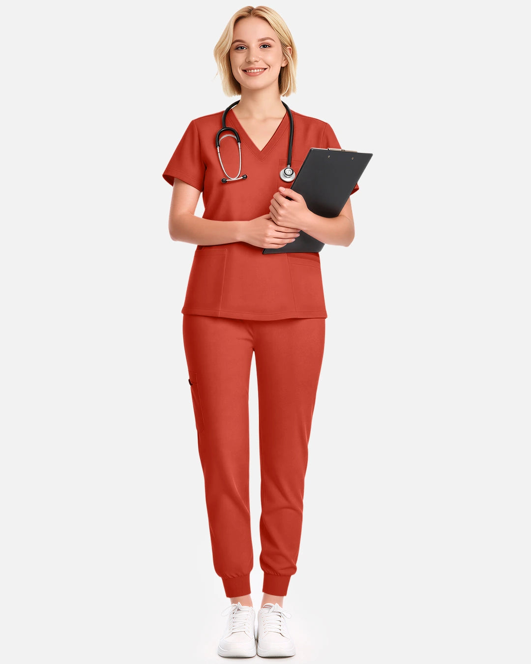 Orange Red – Eadflie Women's V-Neck Uniform Top – Short Sleeve 3-Pocket Soft Stretch – product image 18
