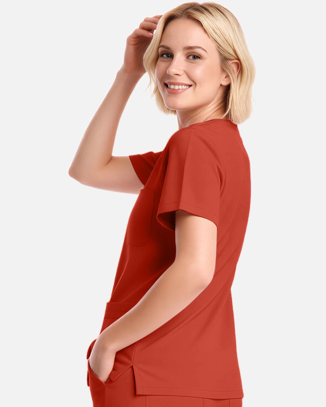 Orange Red – Eadflie Women's V-Neck Uniform Top – Short Sleeve 3-Pocket Soft Stretch – product image 19