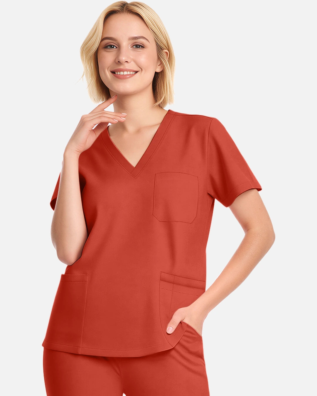 Orange Red – Eadflie Women's V-Neck Uniform Top – Short Sleeve 3-Pocket Soft Stretch – product image 17