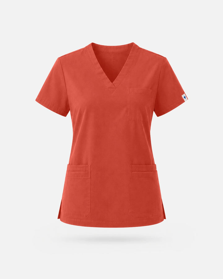 Eadflie Women's V-Neck Uniform Top – Short Sleeve 3-Pocket Soft Stretch - Orange Red