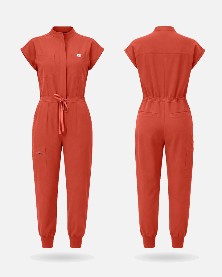 Eadflie Women's Zip-Front Uniform Jumpsuit – Sleeveless Stretch One-Piece - Orange Red