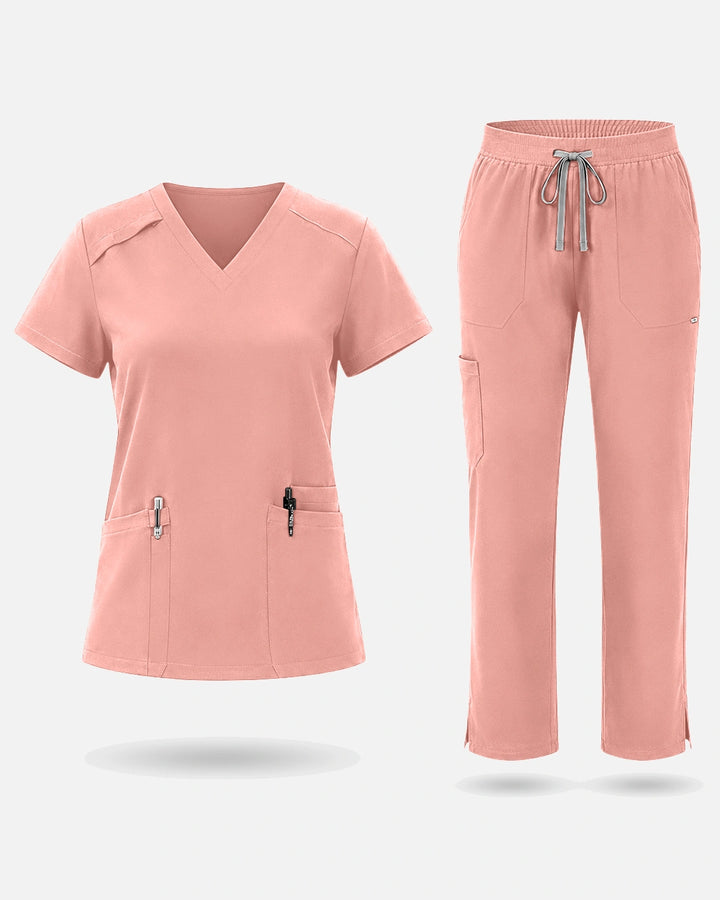 Eadflie Women's Woven V-Neck Uniform Set – Straight-Leg Structured - Pink