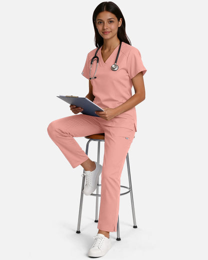 Pink – Eadflie Women's Woven V-Neck Uniform Top – Structured with Shoulder Piping – product image 48