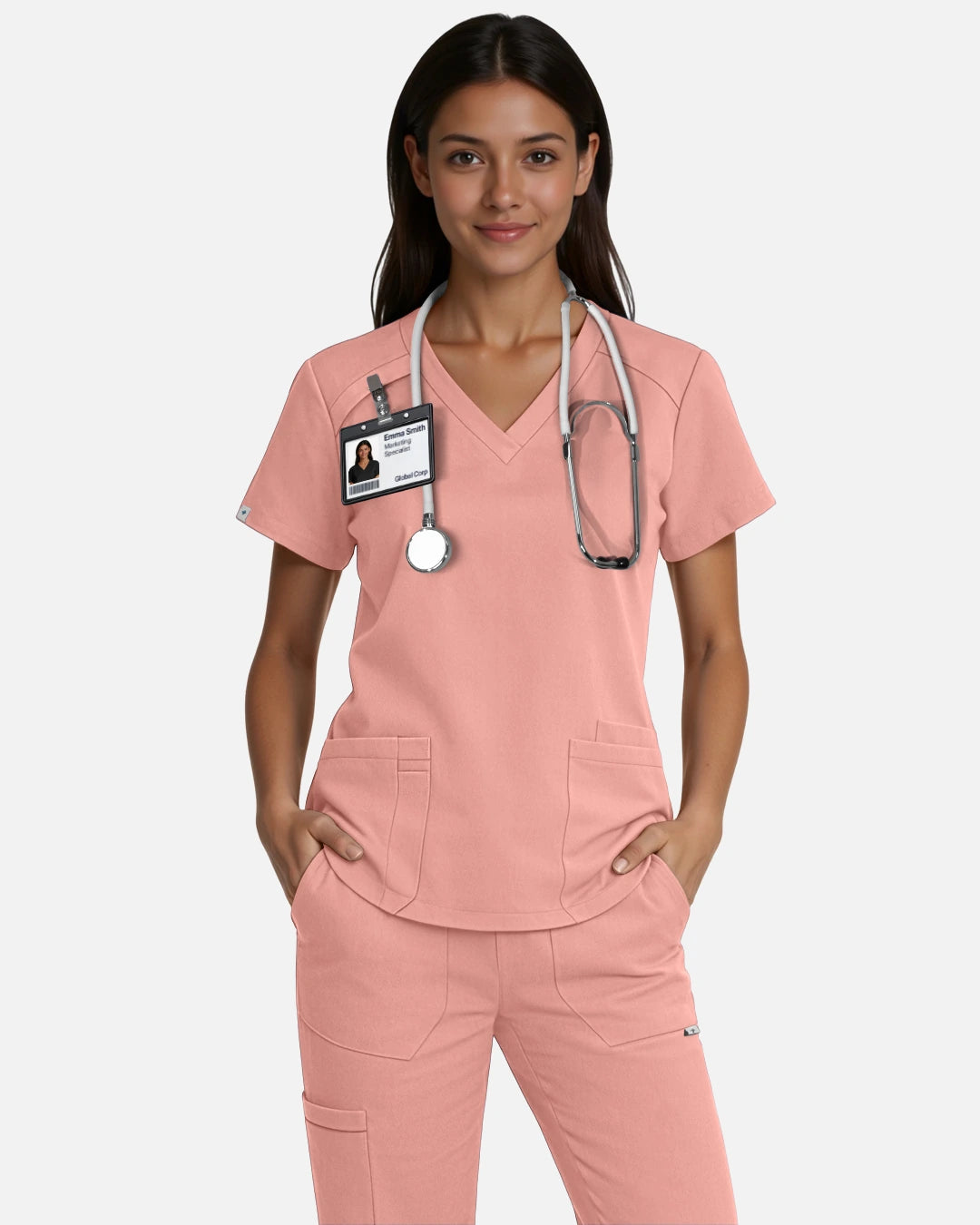 Pink – Eadflie Women's Woven V-Neck Uniform Top – Structured with Shoulder Piping – product image 49
