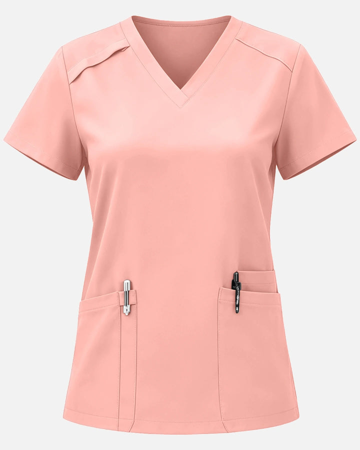 Eadflie Women's Woven V-Neck Uniform Top – Structured with Shoulder Piping - Pink