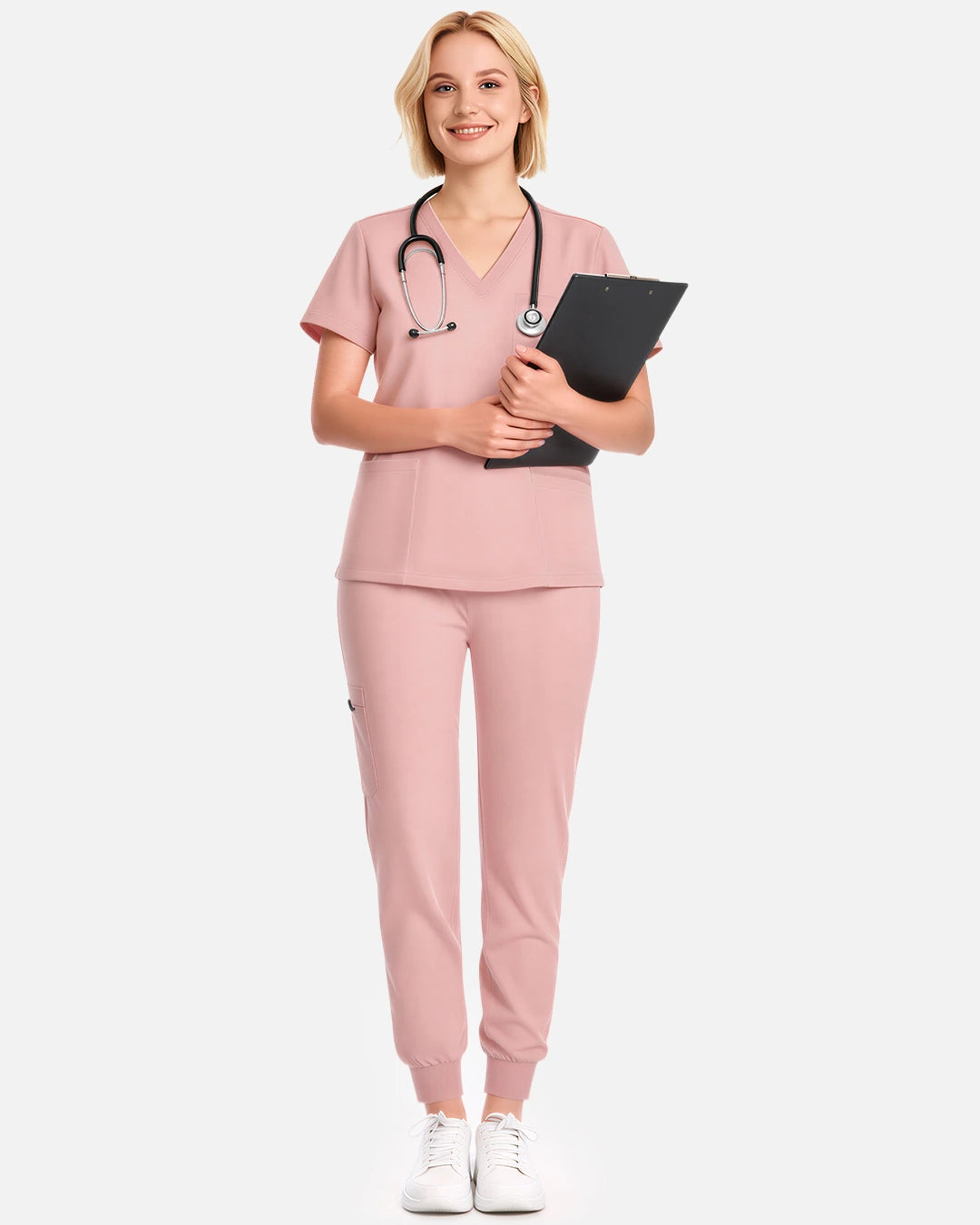 Pink – Eadflie Women's V-Neck Uniform Top – Short Sleeve 3-Pocket Soft Stretch – product image 13